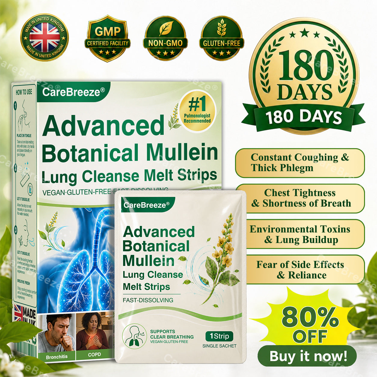 🇬🇧 ✅CareBreeze® Advanced Botanical Mullein Lung Cleanse Melt Strips（👨‍⚕️Directly acts on COPD, asthma, chronic bronchitis (CB), respiratory infections, lung cancer, sinusitis, and other conditions）